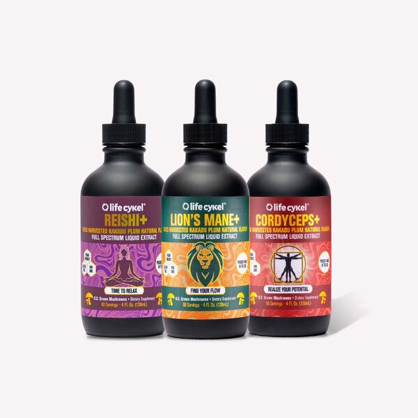 Life Cykel Professional Athletes Pack - Reishi, Lions Mane & Cordyceps Mushroom Extract- Full-Spectrum Mushroom Tincture for Energy, Focus and Immune Health- Vegan, Non-GMO Formula