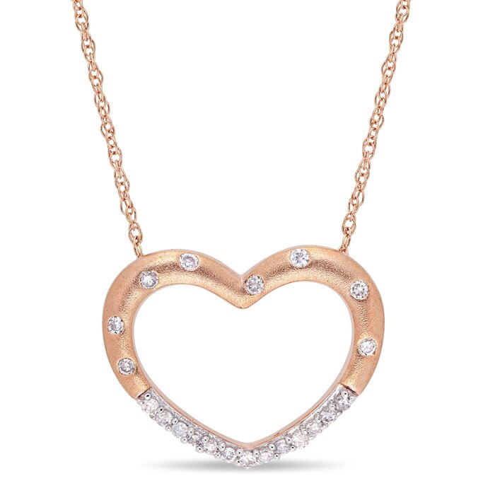 Love Pendant Silver Women Necklace Stone Necklace Silver Diamond Necklace 0.02Ct with Rose Plated Chain and Open Heart Pendant