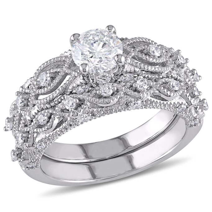 10k White Gold Filigree Diamond Cut Ring