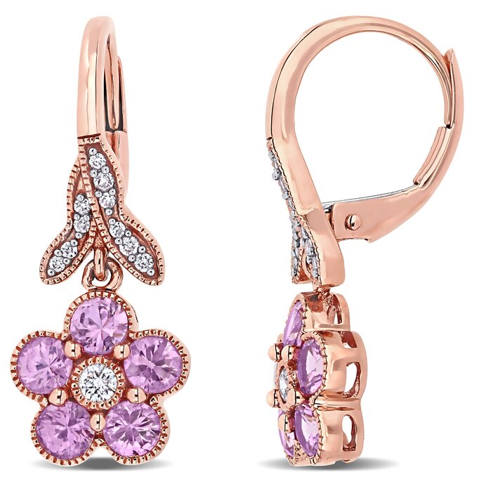 Galaxy Gold GG 14k Solid Gold Leverback Earrings with Diamonds and Pink Topaz 